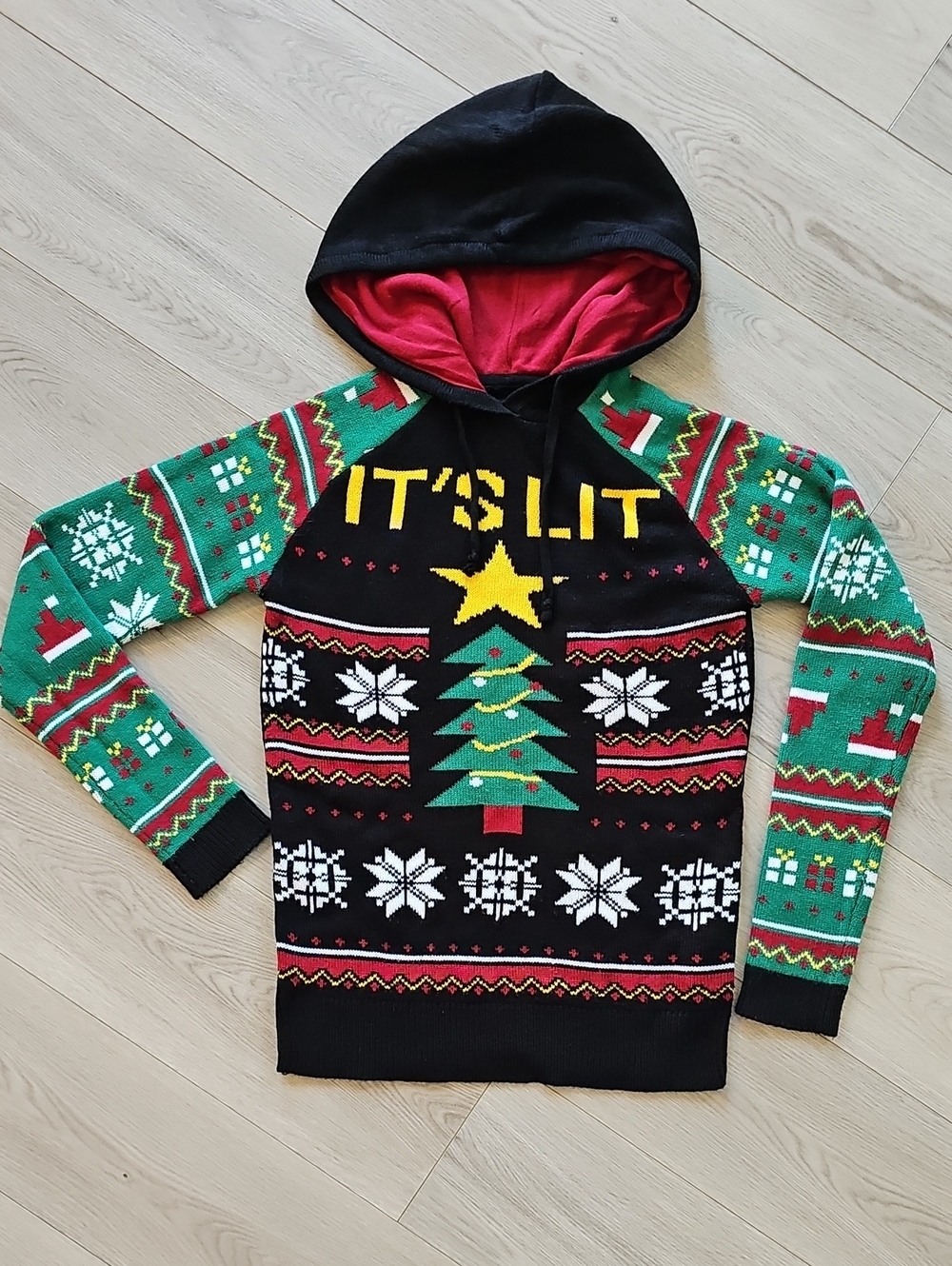 Amnesia Ugly Christmas Holiday Sweater Hoodie Fair Isle Knit, Small